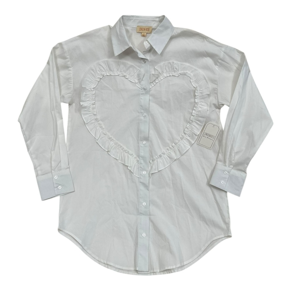 London Rose Heart Ruffle White Button Up Shirt NWT - Womens Size Small